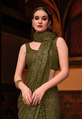 Latest Mahendi Green Sequence Embroidered Georgette Saree With Unstitched Blouse Fabric 2