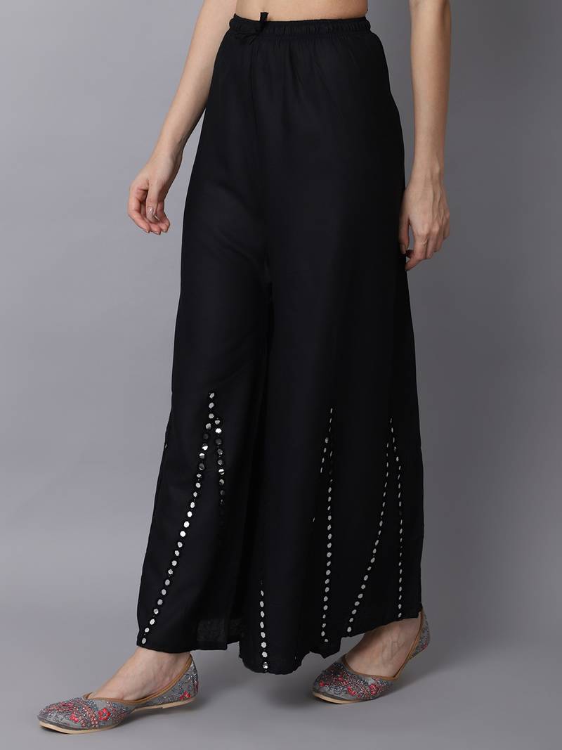 Mirror Embroidery Work Palazzo Pant (Free Size) Black Color