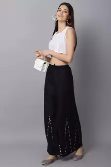 Mirror Embroidery Work Palazzo Pant (Free Size) Black Color