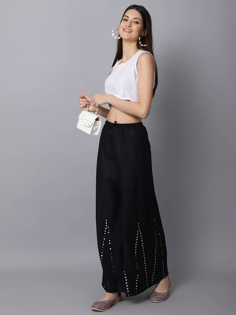 Mirror Embroidery Work Palazzo Pant (Free Size) Black Color