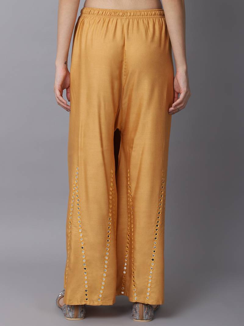 Mirror Embroidery Work Palazzo Pant (Free Size) Beige Color