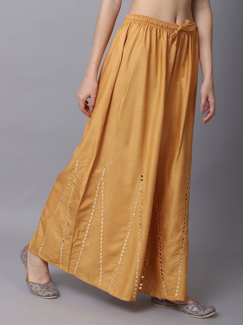 Mirror Embroidery Work Palazzo Pant (Free Size) Beige Color