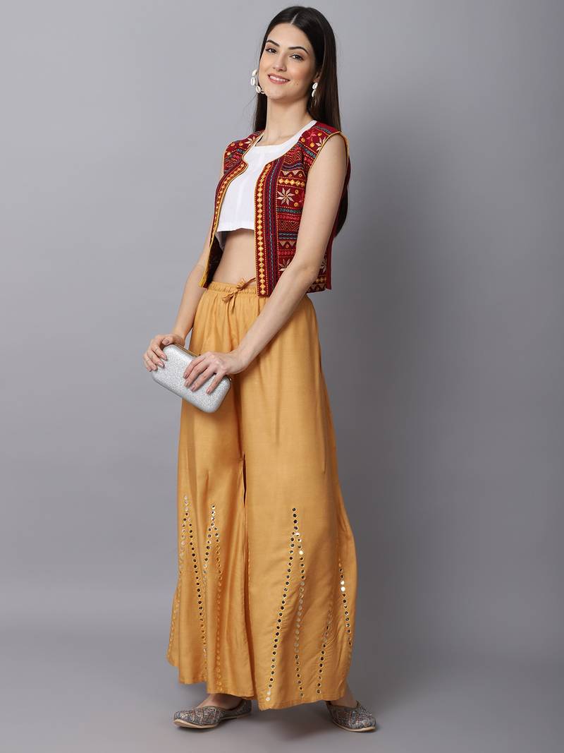 Mirror Embroidery Work Palazzo Pant (Free Size) Beige Color