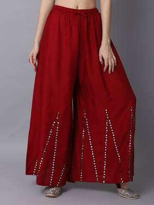Mirror Embroidery Work Palazzo Pant (Free Size) Maroon Color 1