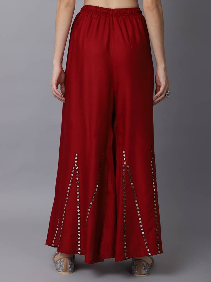 Mirror Embroidery Work Palazzo Pant (Free Size) Maroon Color