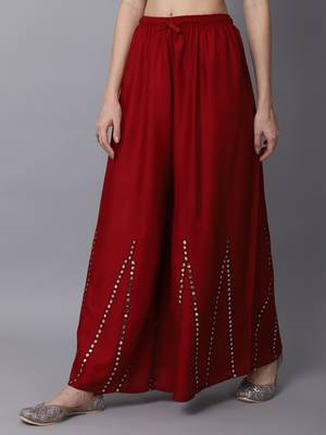 Mirror Embroidery Work Palazzo Pant (Free Size) Maroon Color 3