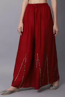 Mirror Embroidery Work Palazzo Pant (Free Size) Maroon Color