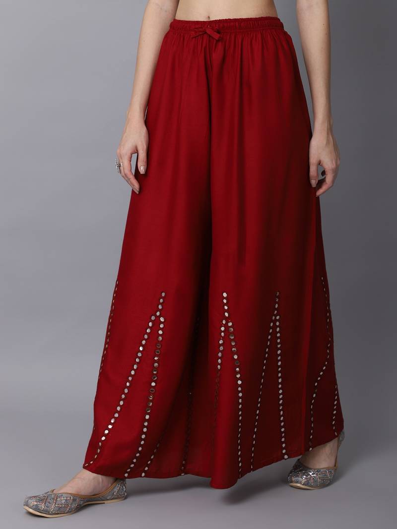 Mirror Embroidery Work Palazzo Pant (Free Size) Maroon Color
