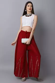 Mirror Embroidery Work Palazzo Pant (Free Size) Maroon Color