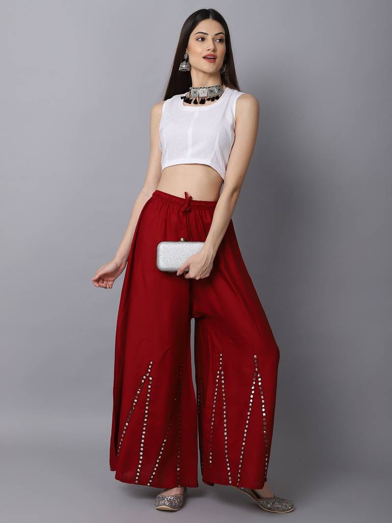 Mirror Embroidery Work Palazzo Pant (Free Size) Maroon Color