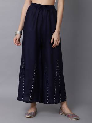 Mirror Embroidery Work Palazzo Pant (Free Size) Navy Color 1