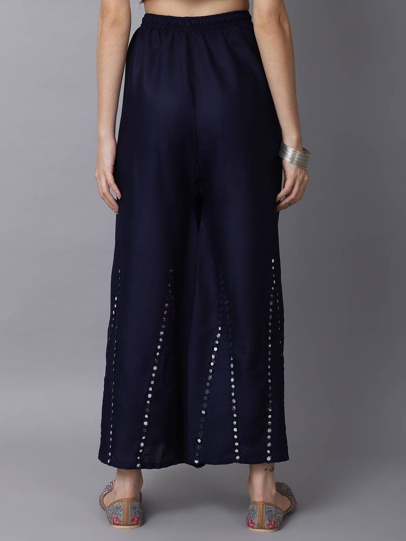 Mirror Embroidery Work Palazzo Pant (Free Size) Navy Color