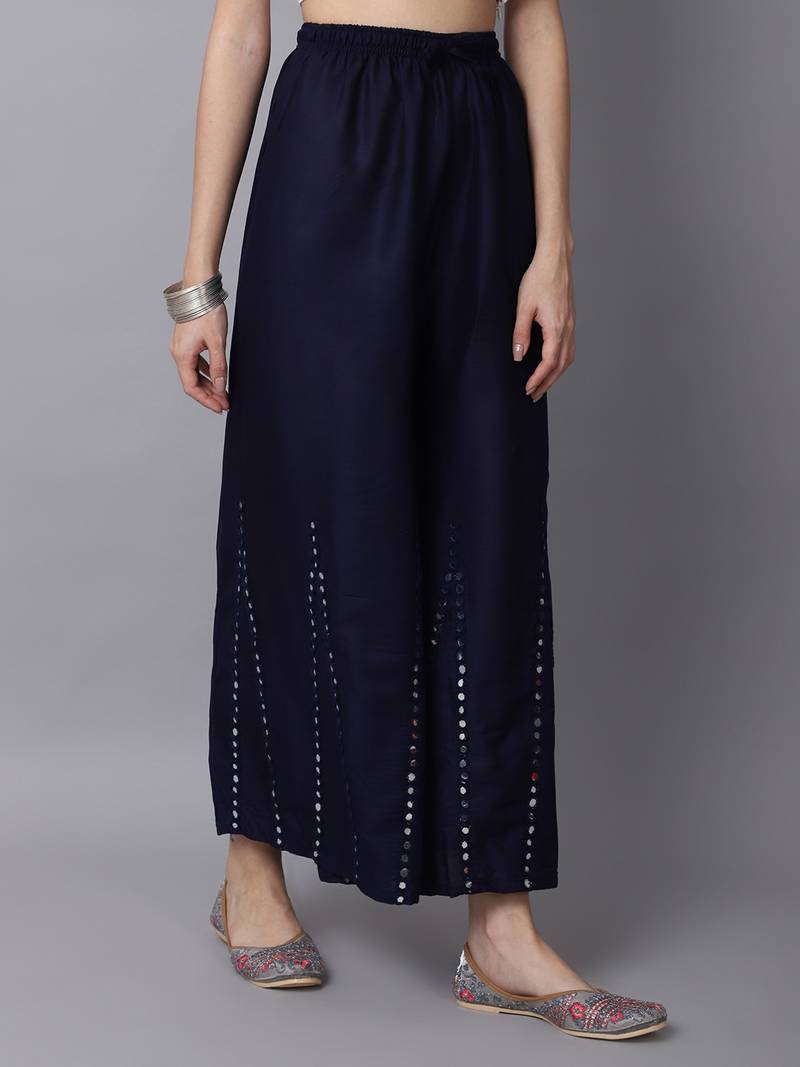 Mirror Embroidery Work Palazzo Pant (Free Size) Navy Color
