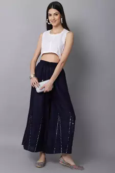 Mirror Embroidery Work Palazzo Pant (Free Size) Navy Color