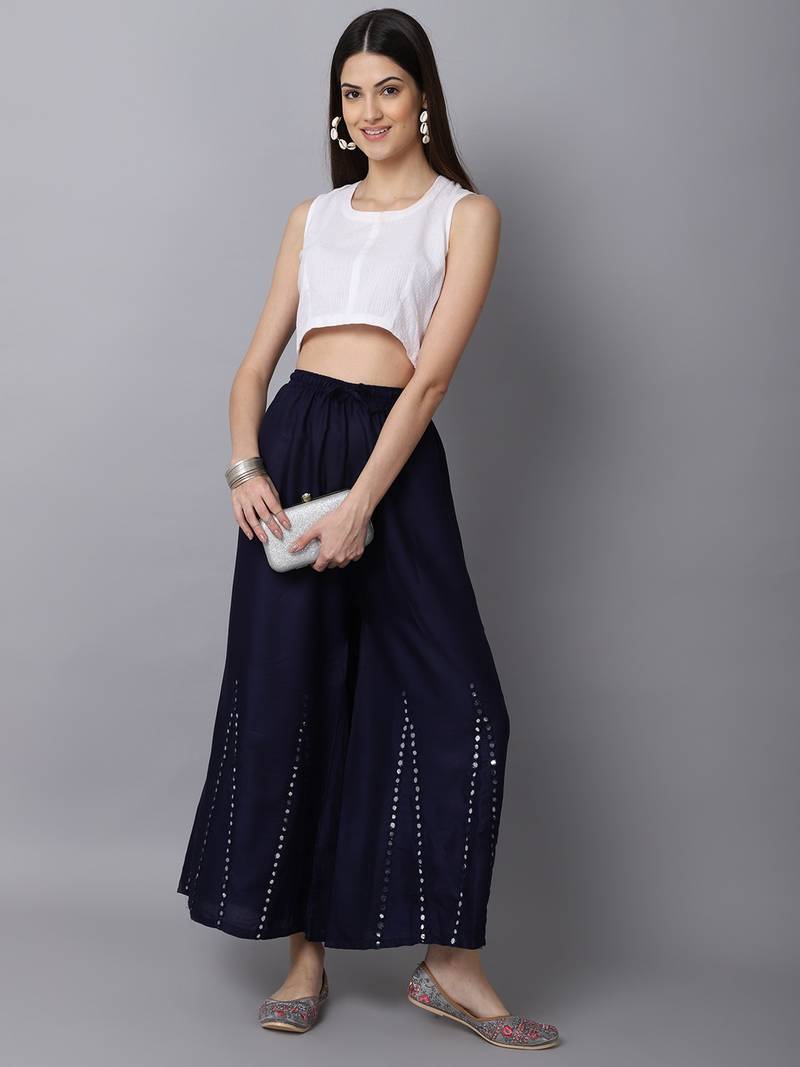 Mirror Embroidery Work Palazzo Pant (Free Size) Navy Color