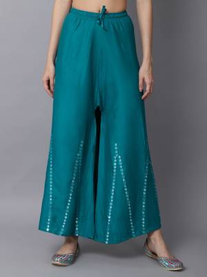 Mirror Embroidery Work Palazzo Pant (Free Size) Rama Green Color 1