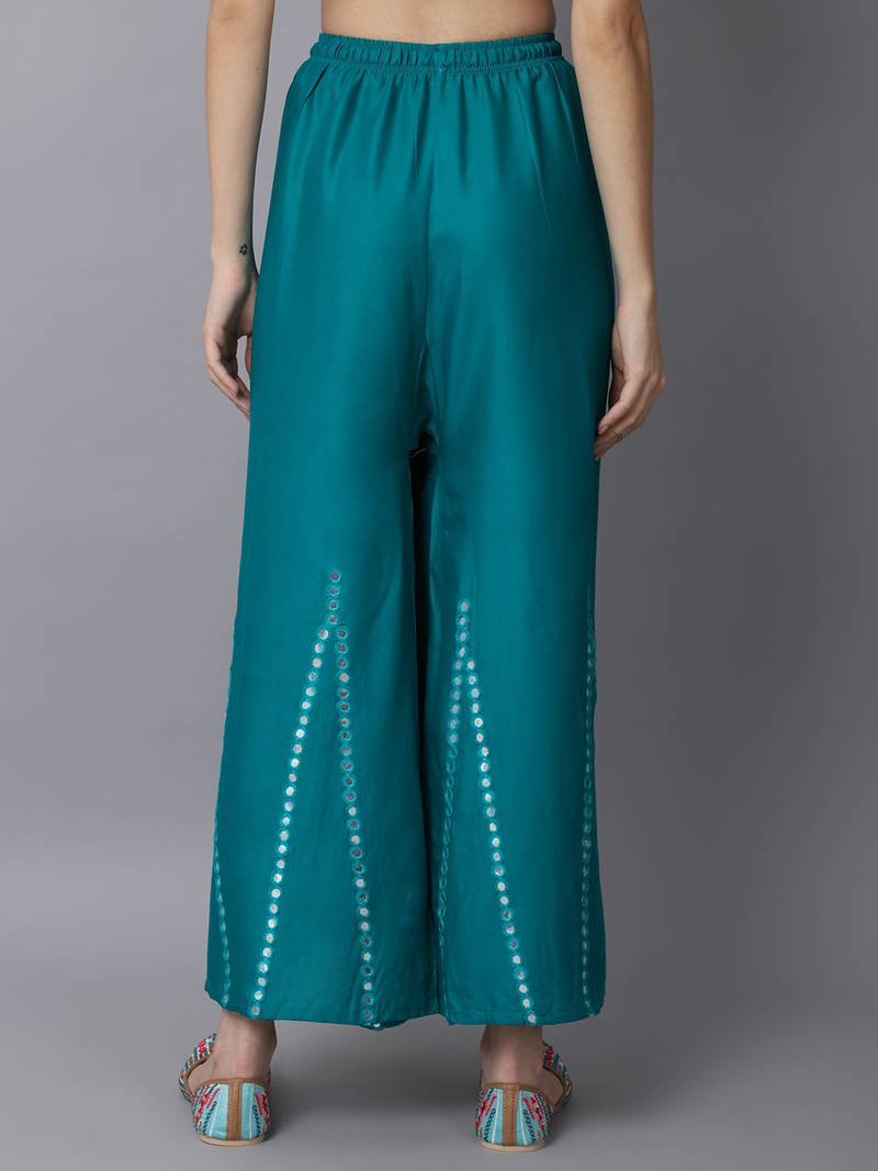 Mirror Embroidery Work Palazzo Pant (Free Size) Rama Green Color