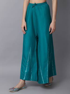 Mirror Embroidery Work Palazzo Pant (Free Size) Rama Green Color 3