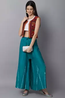 Mirror Embroidery Work Palazzo Pant (Free Size) Rama Green Color
