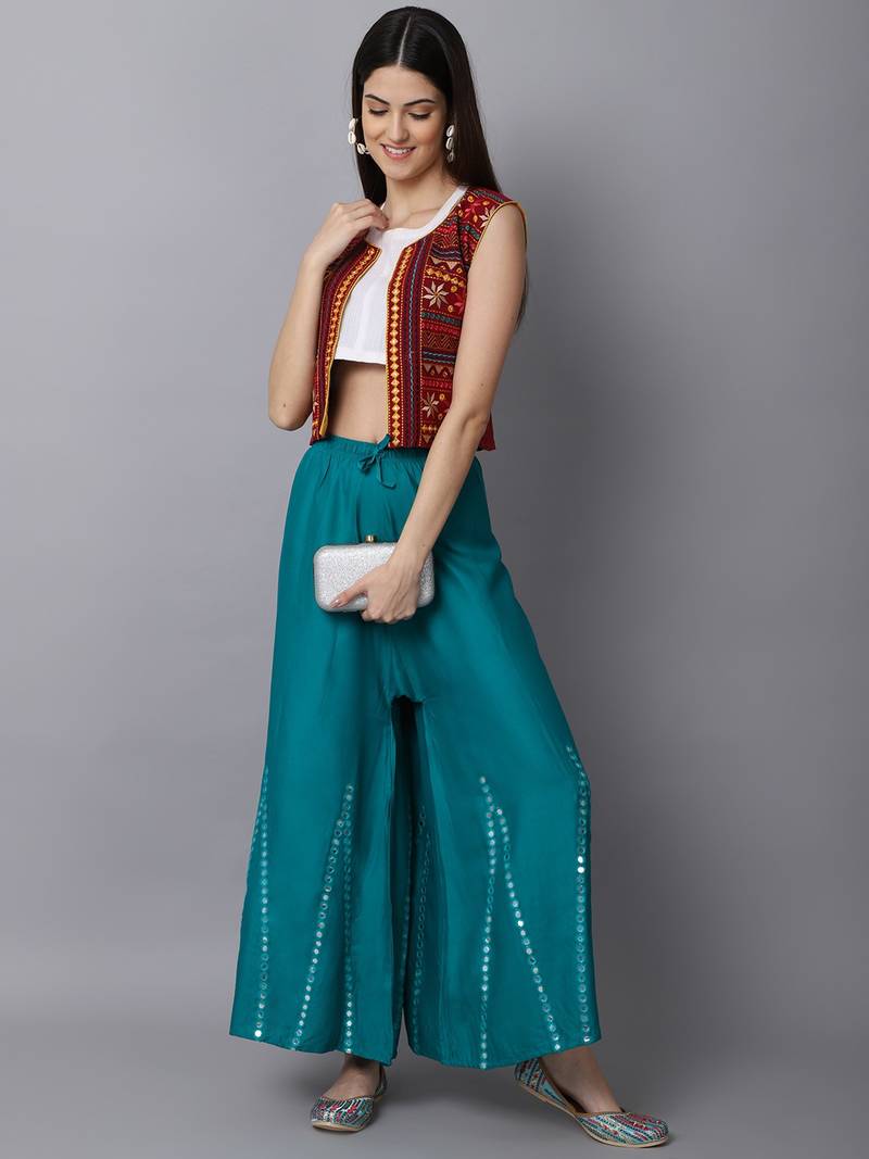 Mirror Embroidery Work Palazzo Pant (Free Size) Rama Green Color