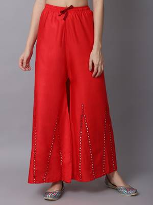 Mirror Embroidery Work Palazzo Pant (Free Size) Red Color 1