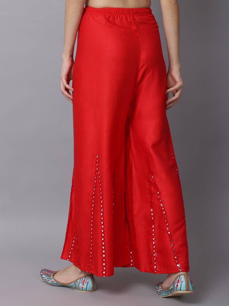 Mirror Embroidery Work Palazzo Pant (Free Size) Red Color