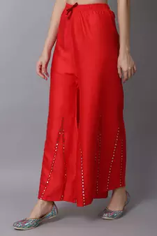 Mirror Embroidery Work Palazzo Pant (Free Size) Red Color