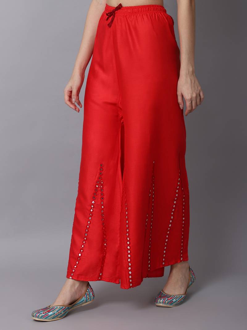 Mirror Embroidery Work Palazzo Pant (Free Size) Red Color
