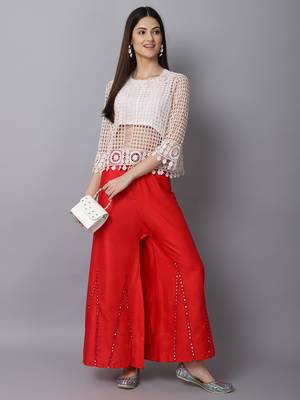 Mirror Embroidery Work Palazzo Pant (Free Size) Red Color 4