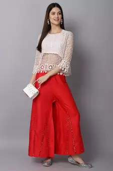 Mirror Embroidery Work Palazzo Pant (Free Size) Red Color