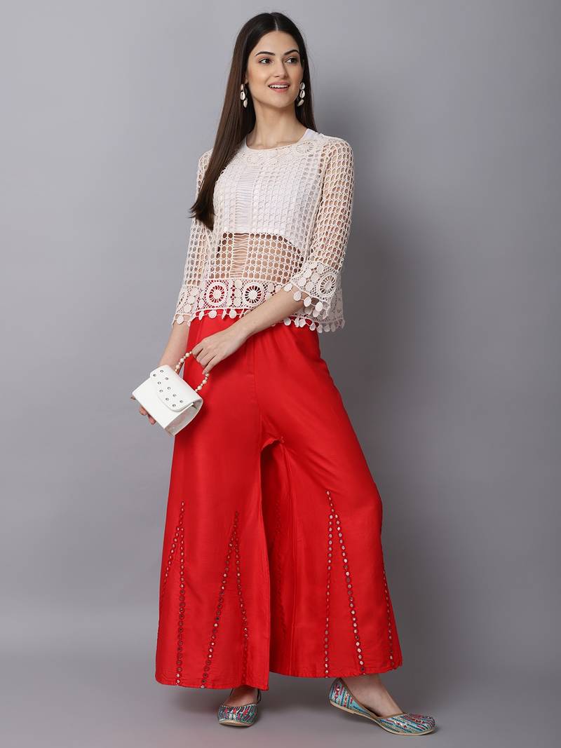 Mirror Embroidery Work Palazzo Pant (Free Size) Red Color