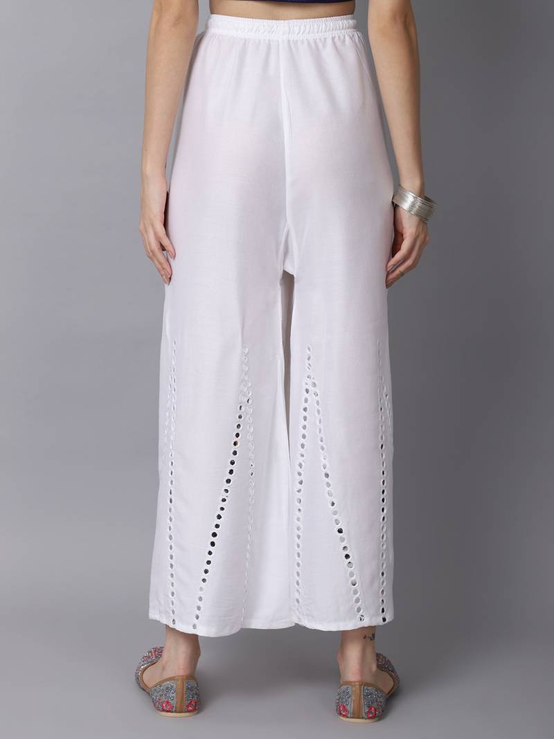 Mirror Embroidery Work Palazzo Pant (Free Size) White Color