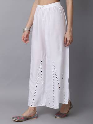 Mirror Embroidery Work Palazzo Pant (Free Size) White Color 3
