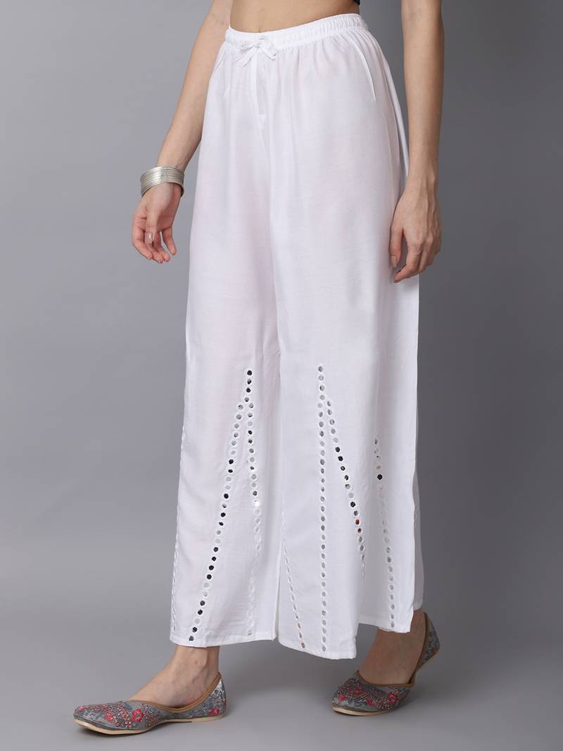 Mirror Embroidery Work Palazzo Pant (Free Size) White Color