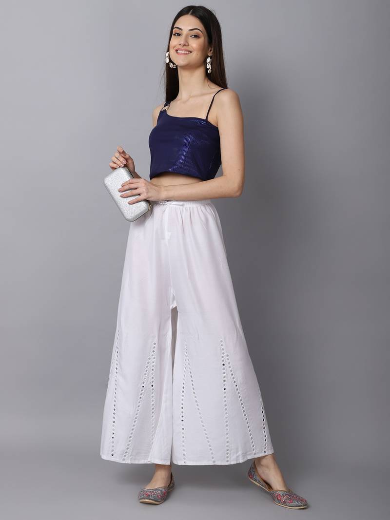 Mirror Embroidery Work Palazzo Pant (Free Size) White Color