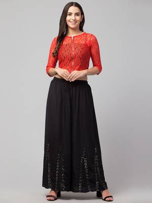 Mirror Embroidery Work Palazzo Pant (Free Size) Black Color 1