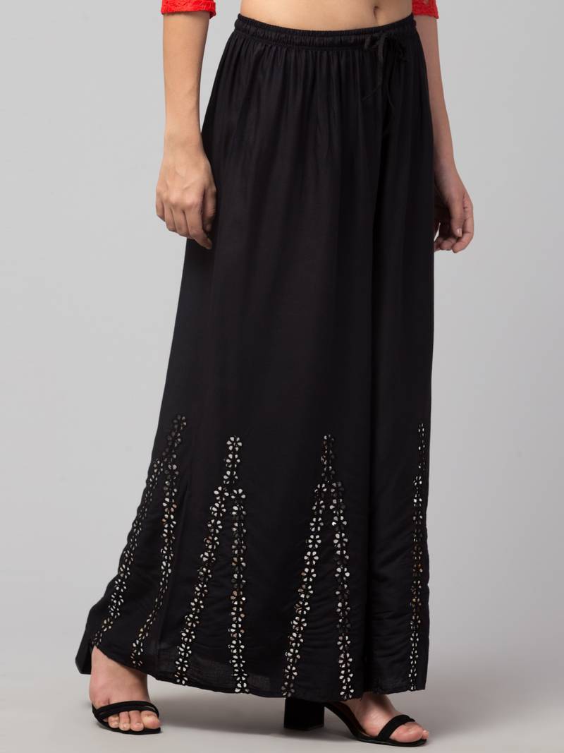 Mirror Embroidery Work Palazzo Pant (Free Size) Black Color