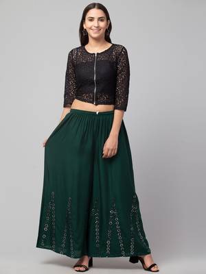 Green Rayon  Palazzo Pant with Mirror Work 2