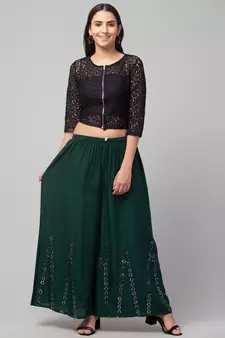 Green Rayon  Palazzo Pant with Mirror Work