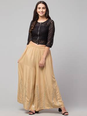 Mirror Embroidery Work Palazzo Pant (Free Size) Beige Color 2