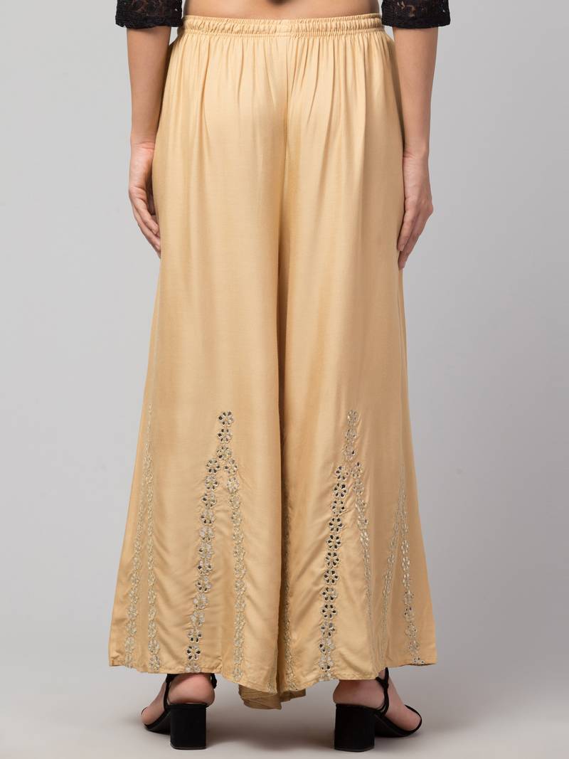 Mirror Embroidery Work Palazzo Pant (Free Size) Beige Color