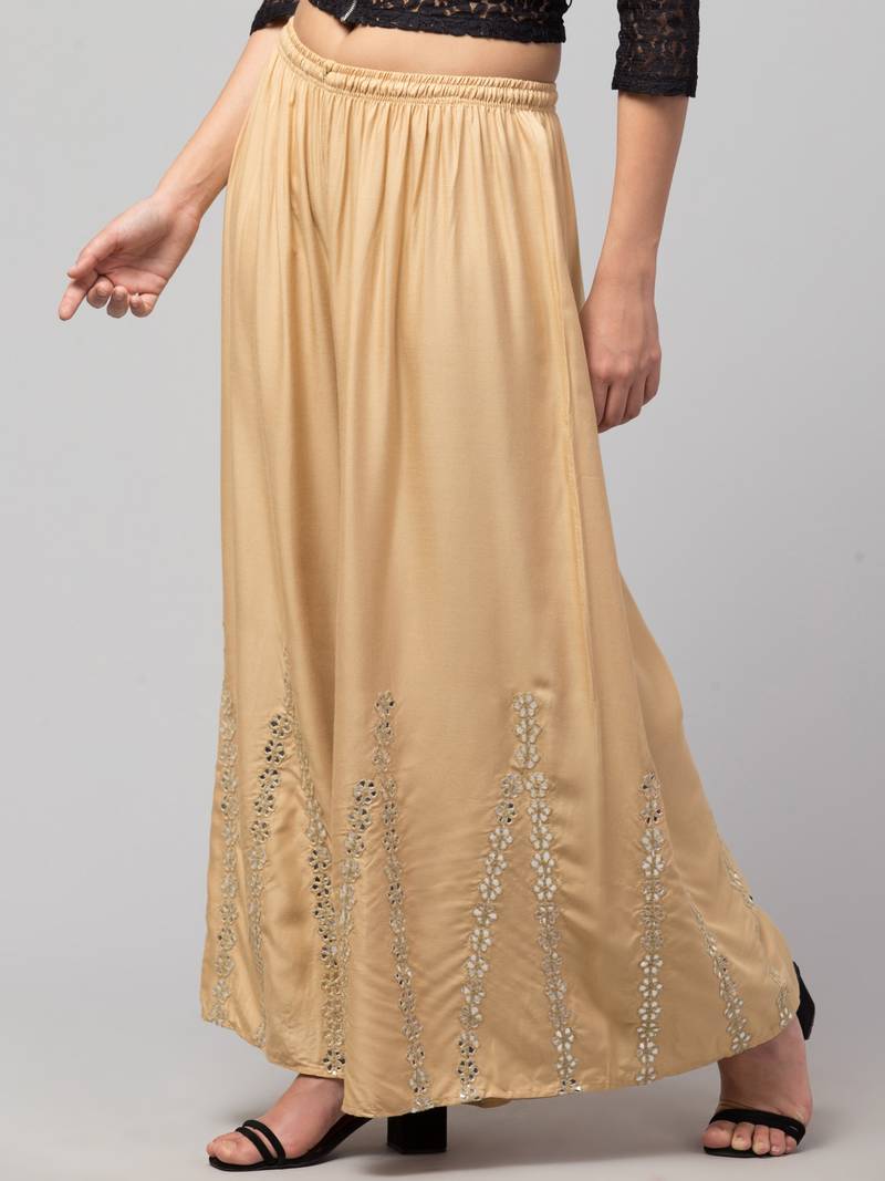 Mirror Embroidery Work Palazzo Pant (Free Size) Beige Color
