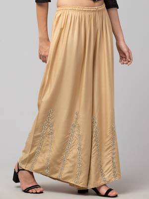 Mirror Embroidery Work Palazzo Pant (Free Size) Beige Color 1