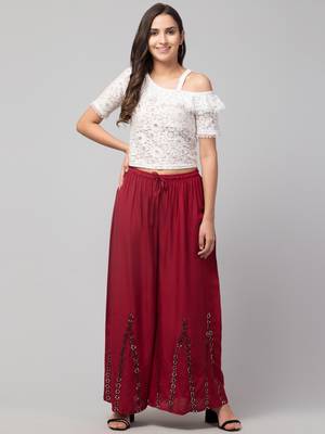 Mirror Embroidery Work Palazzo Pant (Free Size) Maroon Color 1