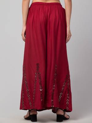 Mirror Embroidery Work Palazzo Pant (Free Size) Maroon Color 2