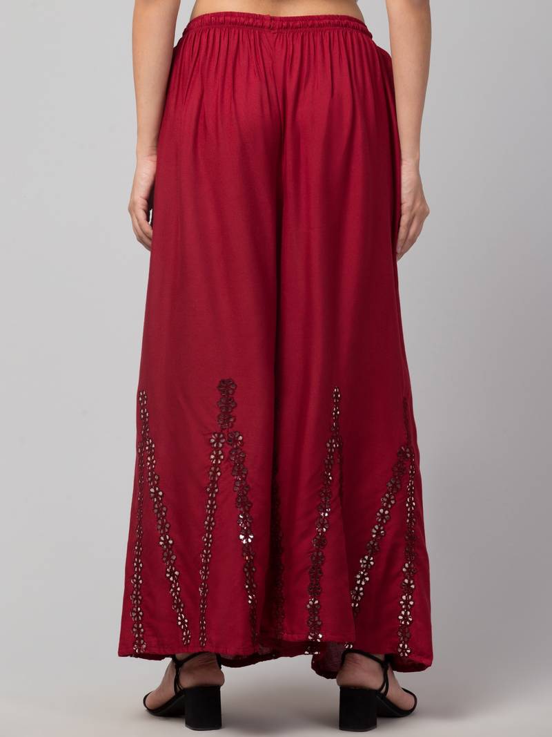 Mirror Embroidery Work Palazzo Pant (Free Size) Maroon Color
