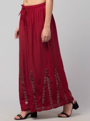 Mirror Embroidery Work Palazzo Pant (Free Size) Maroon Color 3