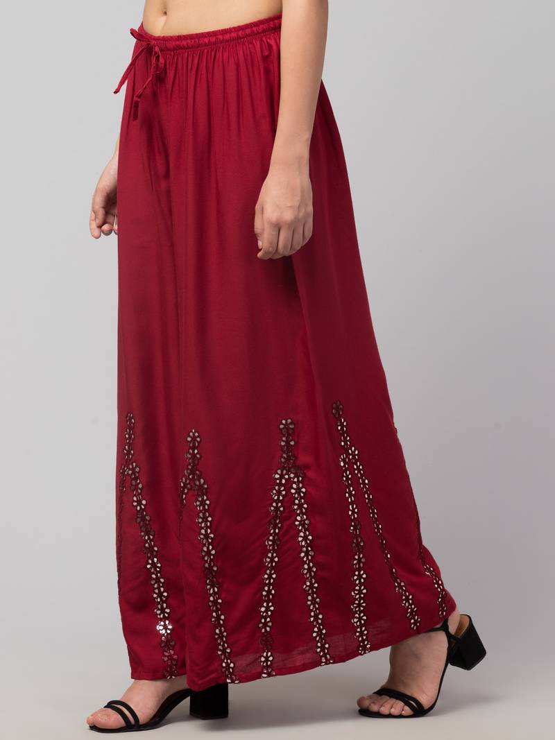 Mirror Embroidery Work Palazzo Pant (Free Size) Maroon Color