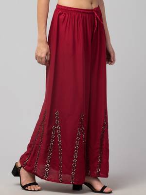 Mirror Embroidery Work Palazzo Pant (Free Size) Maroon Color 4