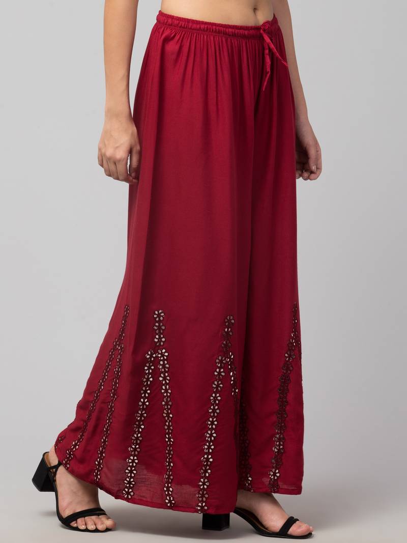 Mirror Embroidery Work Palazzo Pant (Free Size) Maroon Color